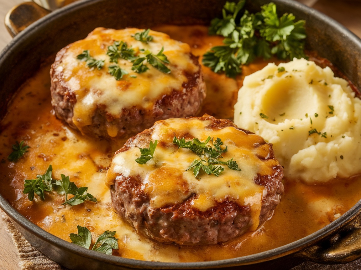 Hearty Amish Hamburger Steak Bake Recipe Amish Hamburger Steak Bake with melted cheese and gravy, served with mashed potatoes.